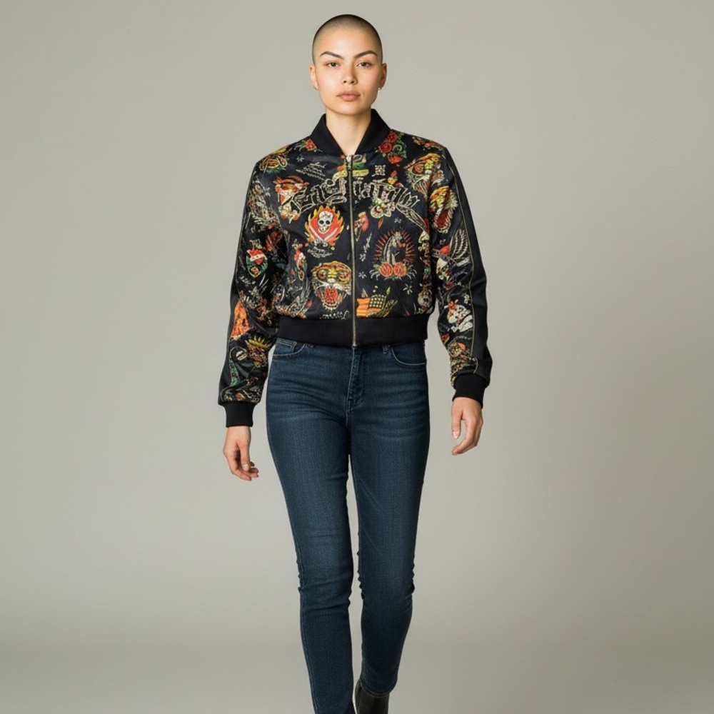 ED HARDY Y2K Shrunken Flashboard Track Jacket‎ M Black  Multi All Over Tattoo - Picture 2 of 11